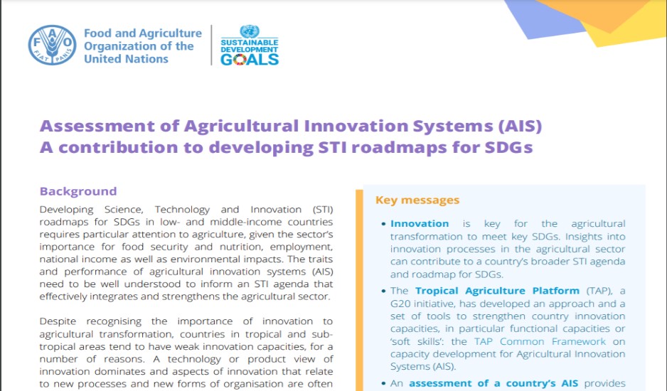 Assessment of Agricultural Innovation Systems (AIS): A contribution to developing STI roadmaps for SDGs